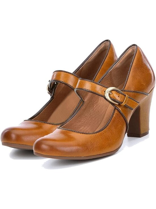Shoes - Women's Gold Vintage Chunky Round Closed Toe Ankle Strap Patchwork Buckle Pumps